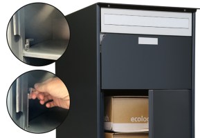 Der Briefkasten verriegelt beim Schliessen automatisch und lässt sich von Hand mit einem Hebel im Brieffach wieder entriegeln.